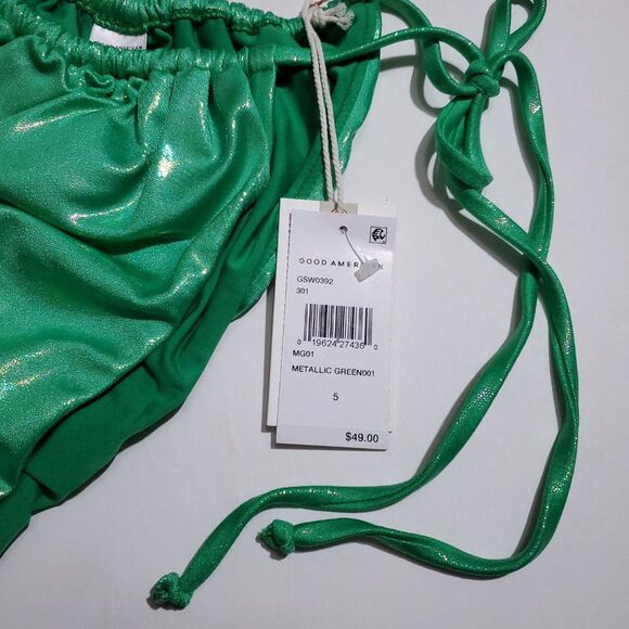 Good American Tiny Ties String Bikini Bottom Metallic Green Size 5 2XL Sparkle - Picture 5 of 9